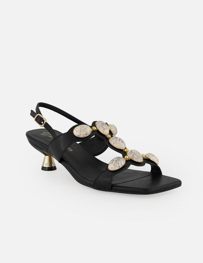 Sandalias negro piel para mujer con apliques tipo perla