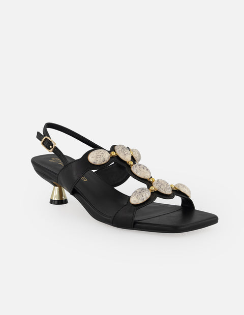 Sandalias negro piel para mujer con apliques tipo perla