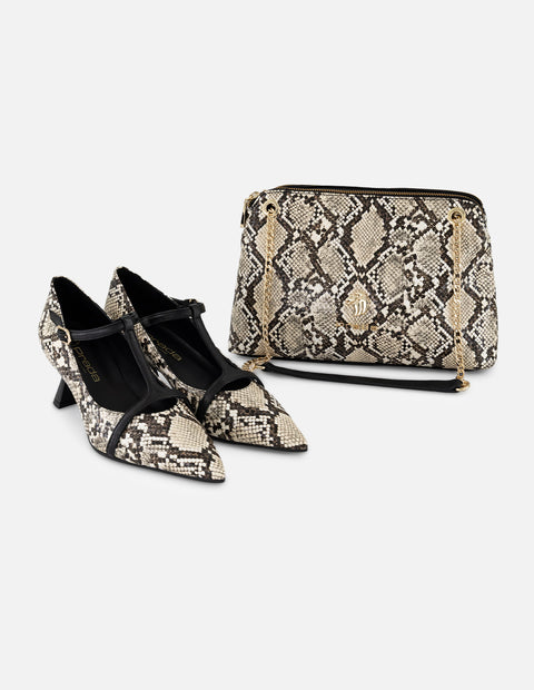 Zapatilla negro piel tipo serpiente para mujer con tiras cruzadas