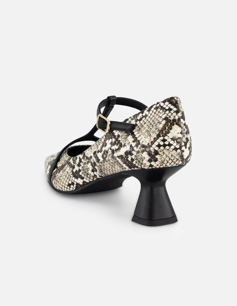 Zapatilla negro piel tipo serpiente para mujer con tiras cruzadas