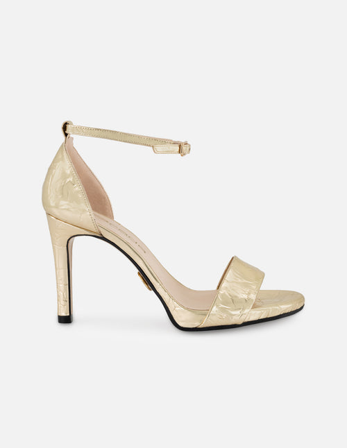 Sandalias color dorado piel metalizada para mujer con tacón alto