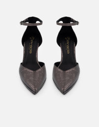 Zapatilla color plateado piel metalizada para mujer con pulsera