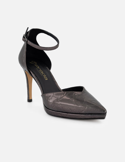 Zapatilla color plateado piel metalizada para mujer con pulsera