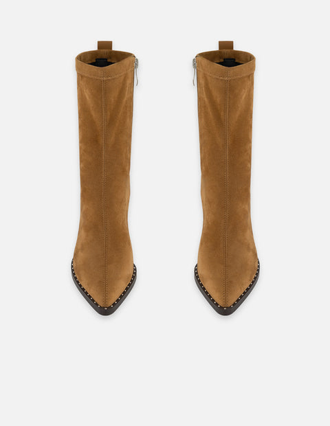 Botines café lycra y ante para mujer con aplicaciones