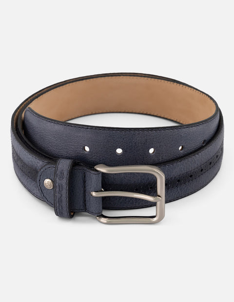 Cinturón azul piel para hombre con detalle picado