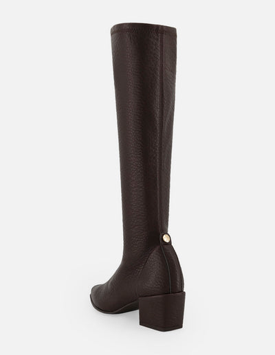 Bota café lycra piel para mujer con grabado tipo bombeado