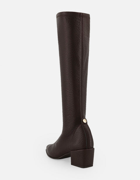 Bota café lycra piel para mujer con grabado tipo bombeado
