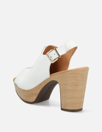 Zueco de piel para mujer color hueso con plataforma tipo madera