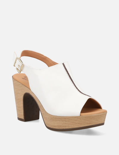 Zueco de piel para mujer color hueso con plataforma tipo madera
