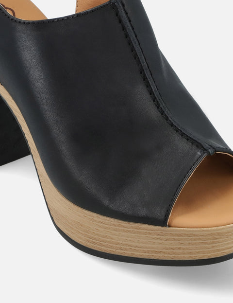 Zueco de piel para mujer color negro con plataforma tipo madera
