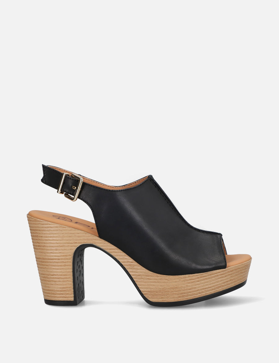 Zueco de piel para mujer color negro con plataforma tipo madera