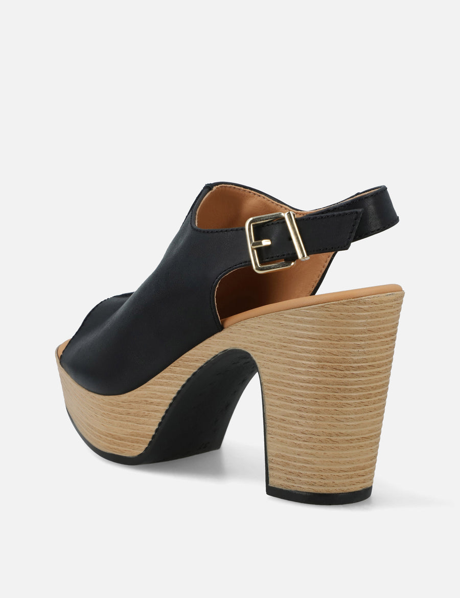 Zueco de piel para mujer color negro con plataforma tipo madera