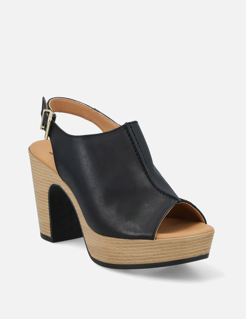 Zueco de piel para mujer color negro con plataforma tipo madera