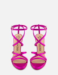 Sandalia de tiras en piel metalizada color rosa para mujer