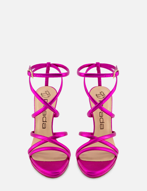 Sandalia de tiras en piel metalizada color rosa para mujer