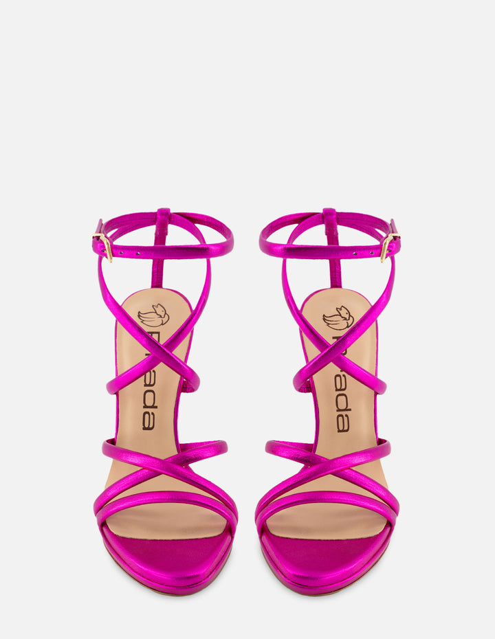 Sandalia de tiras en piel metalizada color rosa para mujer