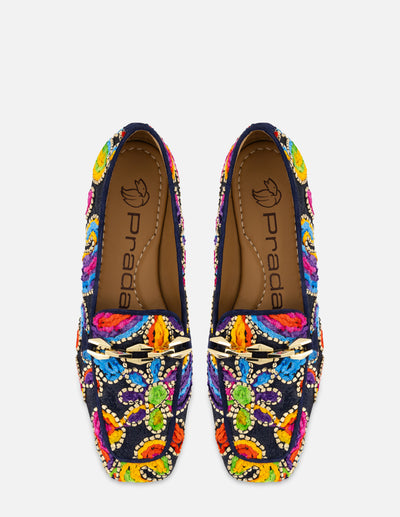 Mocasín con bordado multicolor para mujer