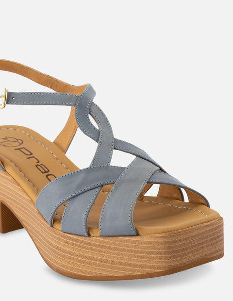Sandalia de piel napa en color azul con plataforma media para mujer