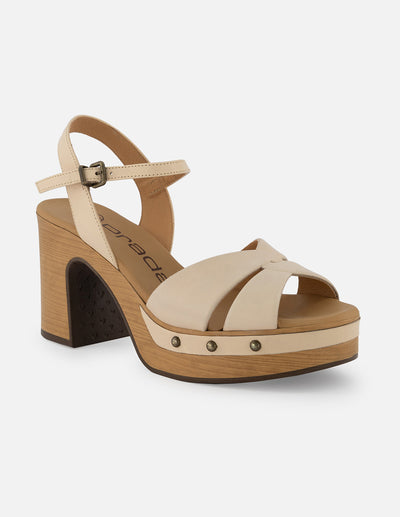 Sandalia de piel color beige para mujer con plataforma tipo madera