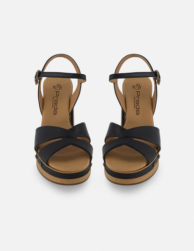 Sandalia de piel color negro para mujer con plataforma tipo madera