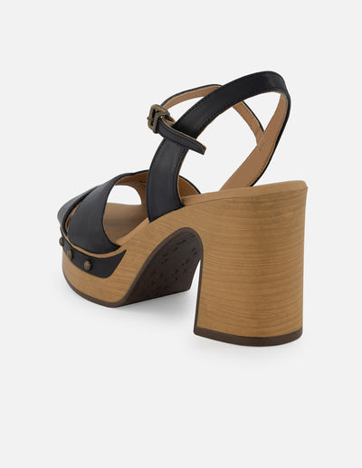 Sandalia de piel color negro para mujer con plataforma tipo madera