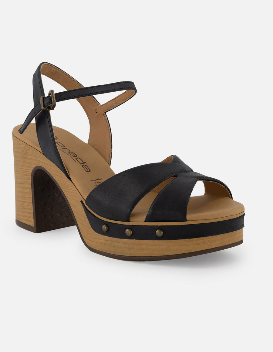 Sandalia de piel color negro para mujer con plataforma tipo madera