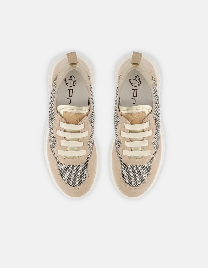 Tenis de piel para mujer color beige con detalles de ante