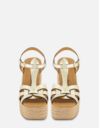 Sandalia de cuña en piel metalizada y rafia para mujer