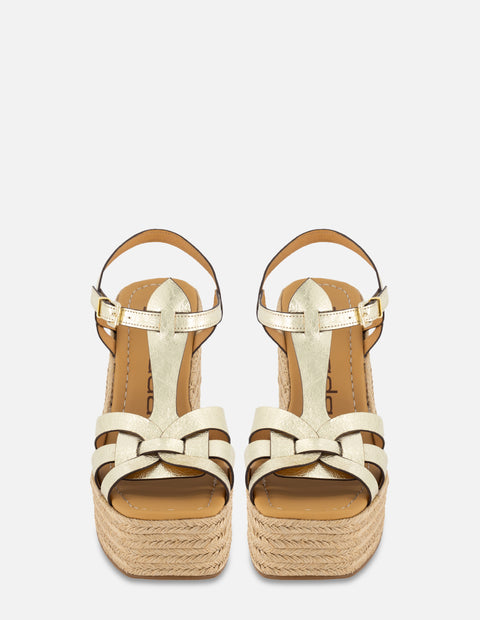 Sandalia de cuña en piel metalizada y rafia para mujer