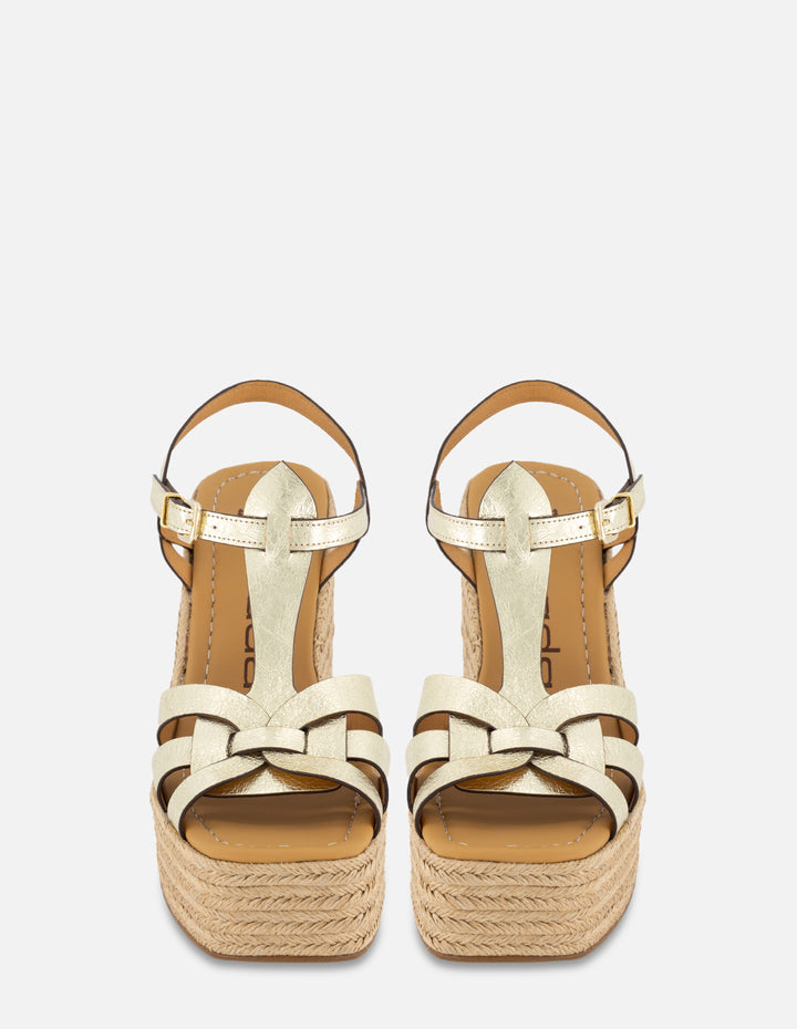 Sandalia de cuña en piel metalizada y rafia para mujer