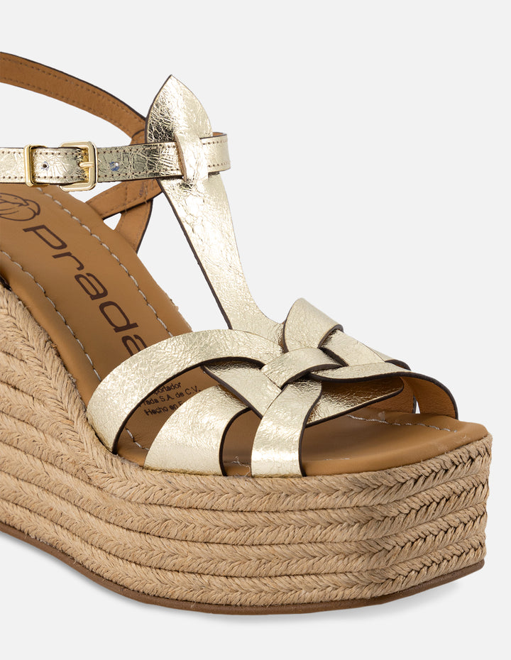 Sandalia de cuña en piel metalizada y rafia para mujer