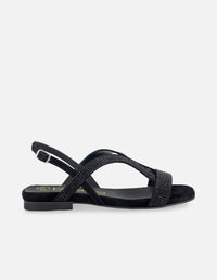 Sandalia de piso con pedrería en color negro para mujer