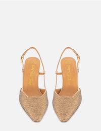 Sandalia de tacón medio con pedrería en color beige para mujer