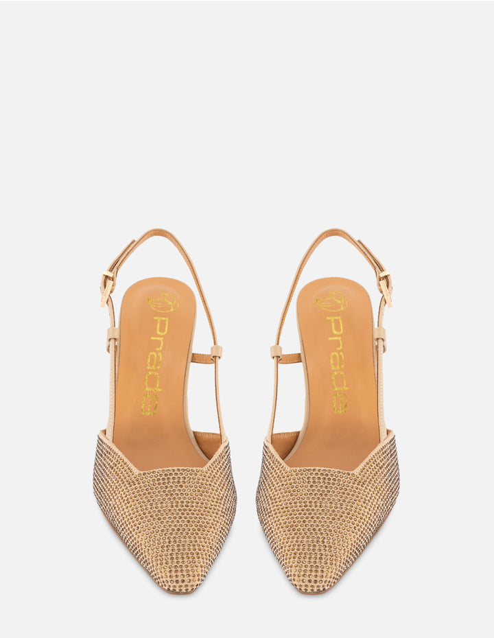 Sandalia de tacón medio con pedrería en color beige para mujer
