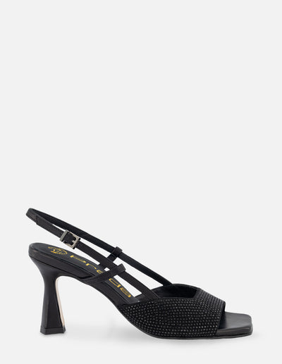 Sandalia de tacón medio con pedrería en color negro para mujer