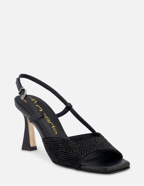 Sandalia de tacón medio con pedrería en color negro para mujer
