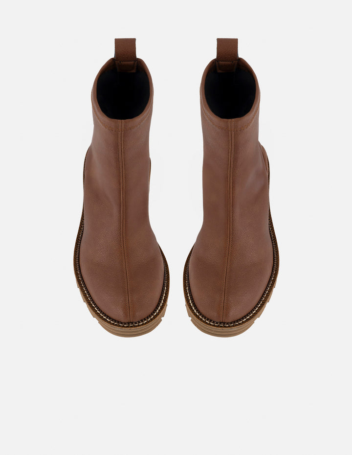 Botines para mujer con tacón color cuero en lycra y detalles en blanco