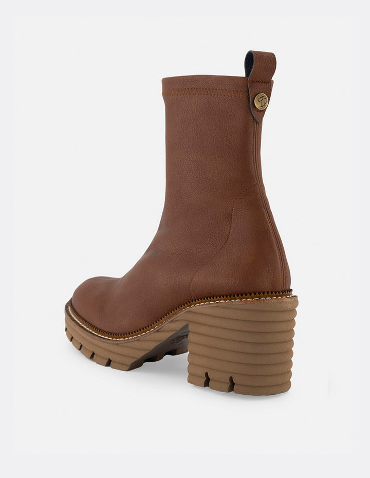 Botines para mujer con tacón color cuero en lycra y detalles en blanco