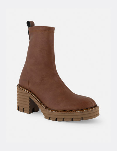 Botines para mujer con tacón color cuero en lycra y detalles en blanco