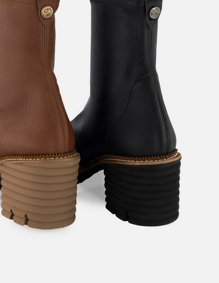 Botines para mujer con tacón color cuero en lycra y detalles en blanco