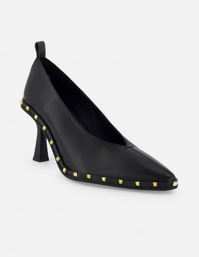Zapatillas formales para mujer de piel color negro con detalles en color dorado