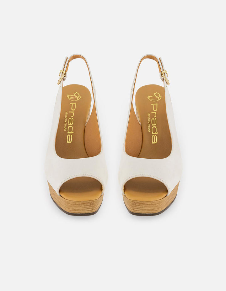Sandalias blancas en piel para mujer con plataforma efecto madera