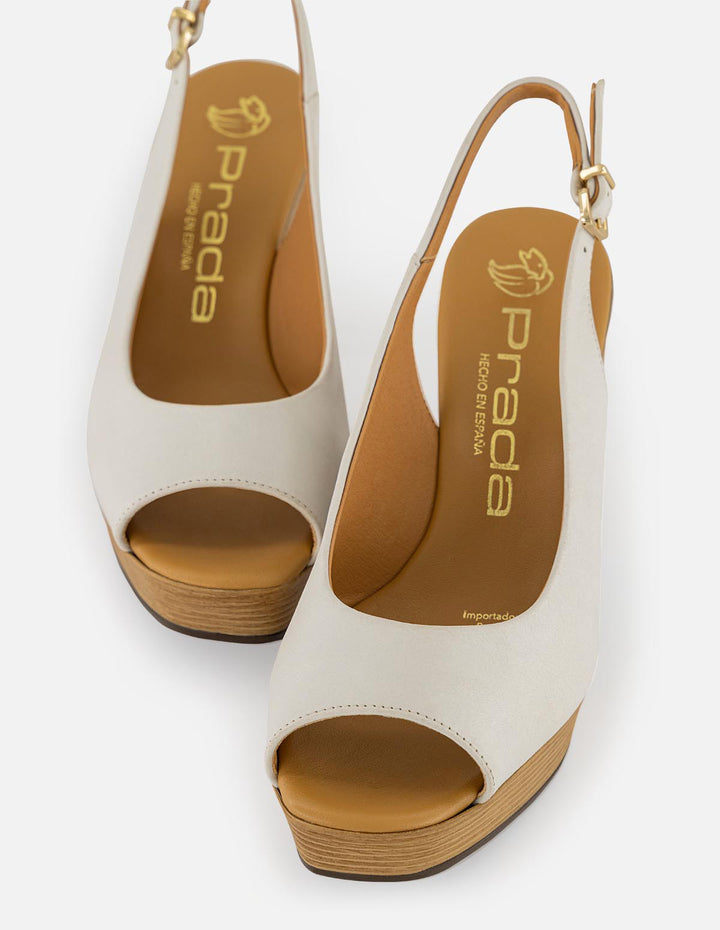 Sandalias blancas en piel para mujer con plataforma efecto madera