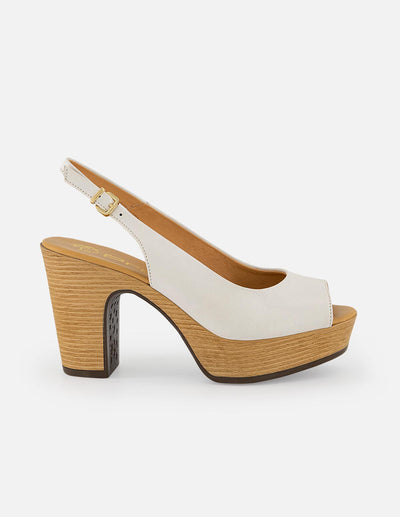 Sandalias blancas en piel para mujer con plataforma efecto madera