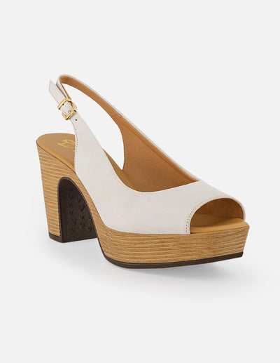 Sandalias blancas en piel para mujer con plataforma efecto madera