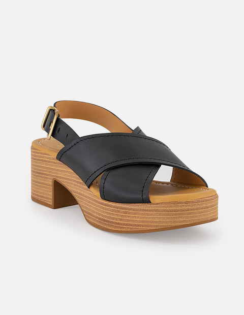 Sandalias negras en piel para mujer con tacón madera