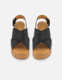 Sandalias negras en piel para mujer con tacón madera