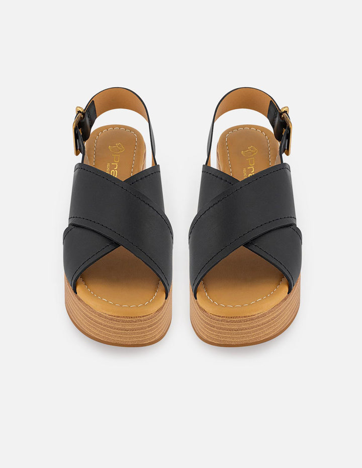 Sandalias negras en piel para mujer con tacón madera