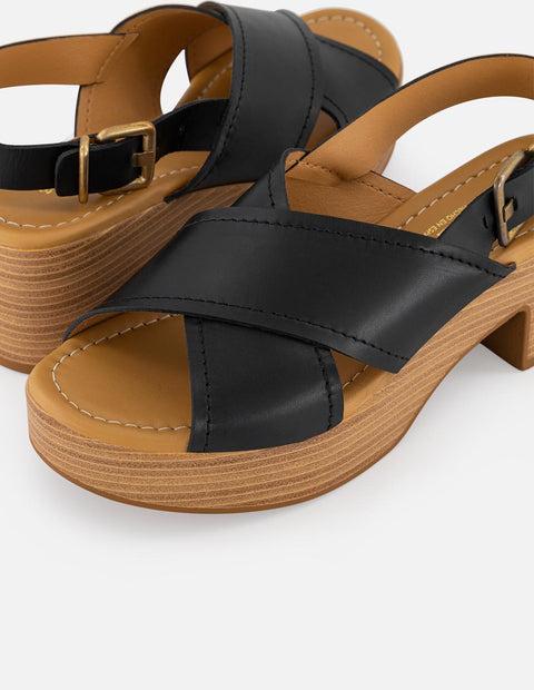 Sandalias negras en piel para mujer con tacón madera