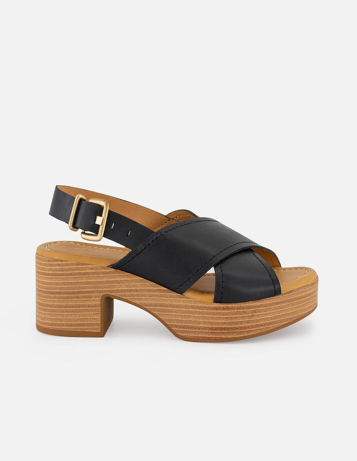 Sandalias negras en piel para mujer con tacón madera